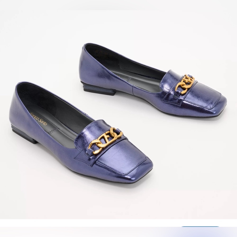 FRANCO SARTO WOMENS MIDNIGHT METALLIC BLUE SLIP ON TIARI CHAIN SHOE SIZE 7